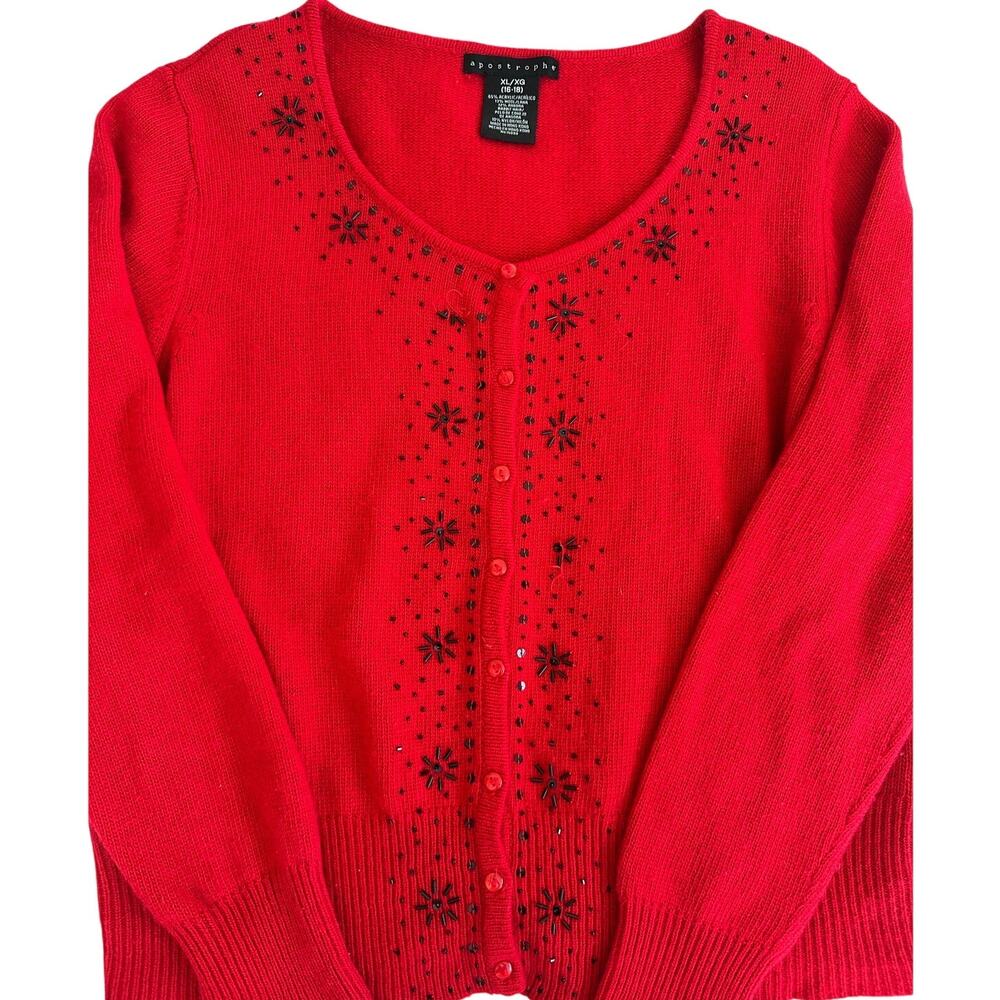 Apostrophe Red Cardigan Sweater Women’s XL Beaded Embellished Button Front